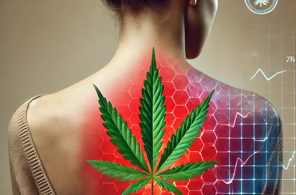 A woman's back showing red areas of back pain overlayed with a cannabis leaf